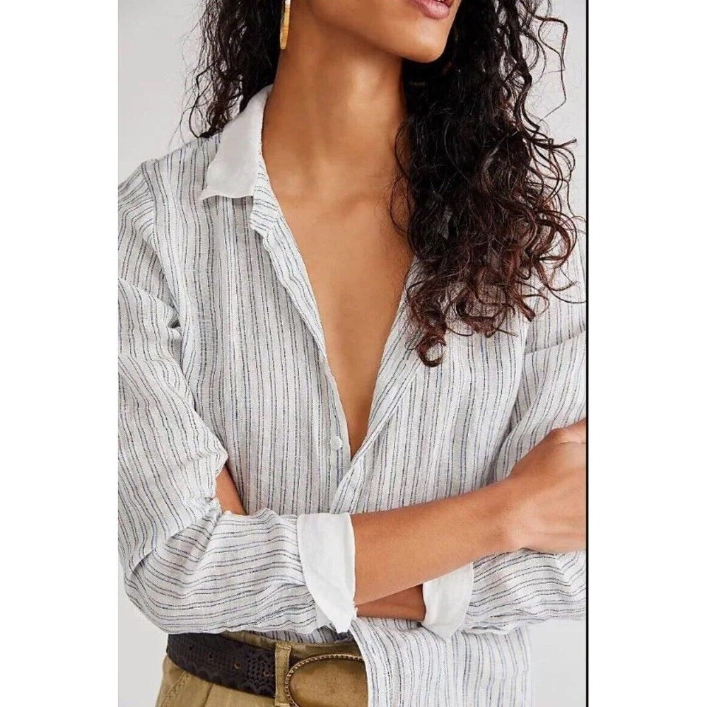 Free People CP Shades Linen Romy Shirt Striped NWT XL